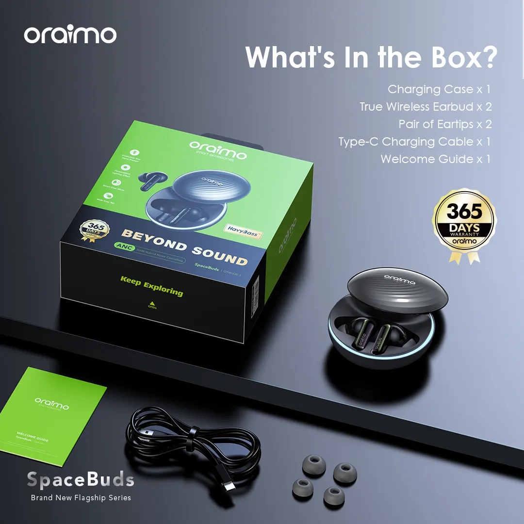 Oraimo SpaceBuds Hybrid ANC True Wireless Earbuds | Customized Voice Prompt, 40H Playtime, Immersive Sound